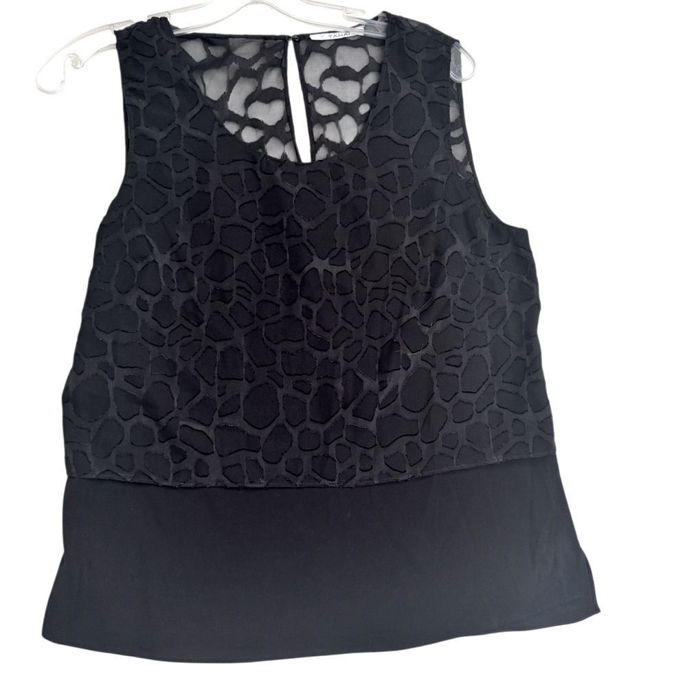 Tahari Sheer Animal Print Chiffon Layered Lagenlook Sleeveless Top Blouse Slit S